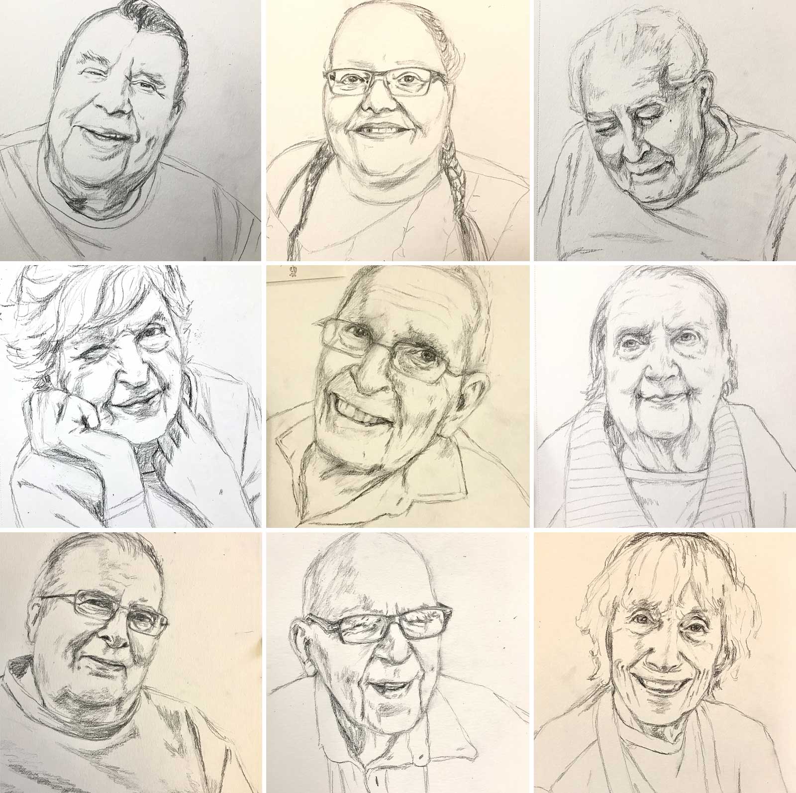 Nine resident portraits drawn by recreation assistant Jennie Vegt