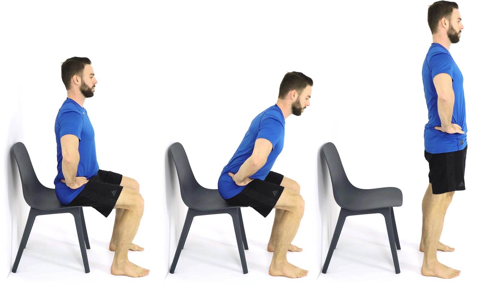 Photos of steps for sit to stand exercise