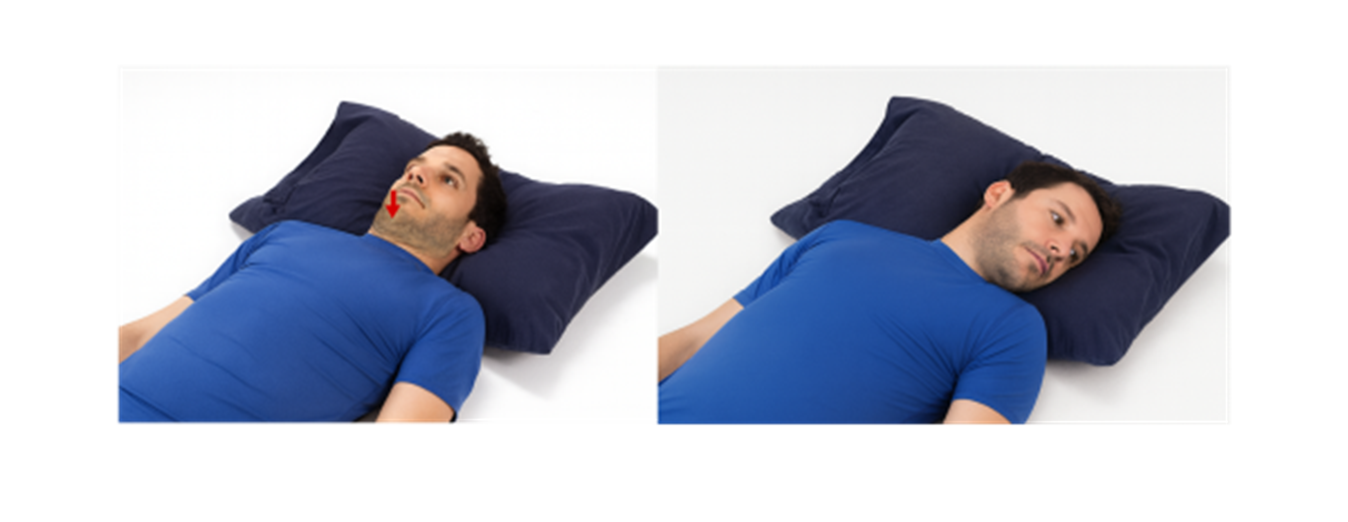 Two side-by-side images of a man in a blue shirt resting his head on a black pillow demonstrating cervical rotation. 