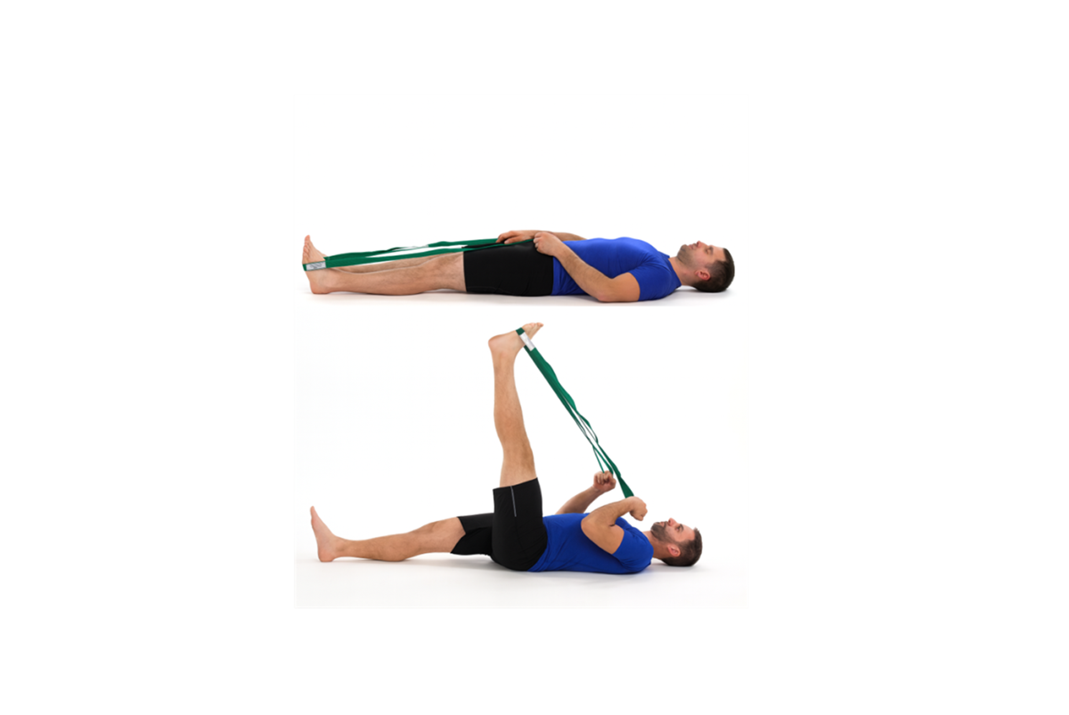 Two images of a man in a blue shirt and black short demonstrating hamstring and calf stretch with a strap..
