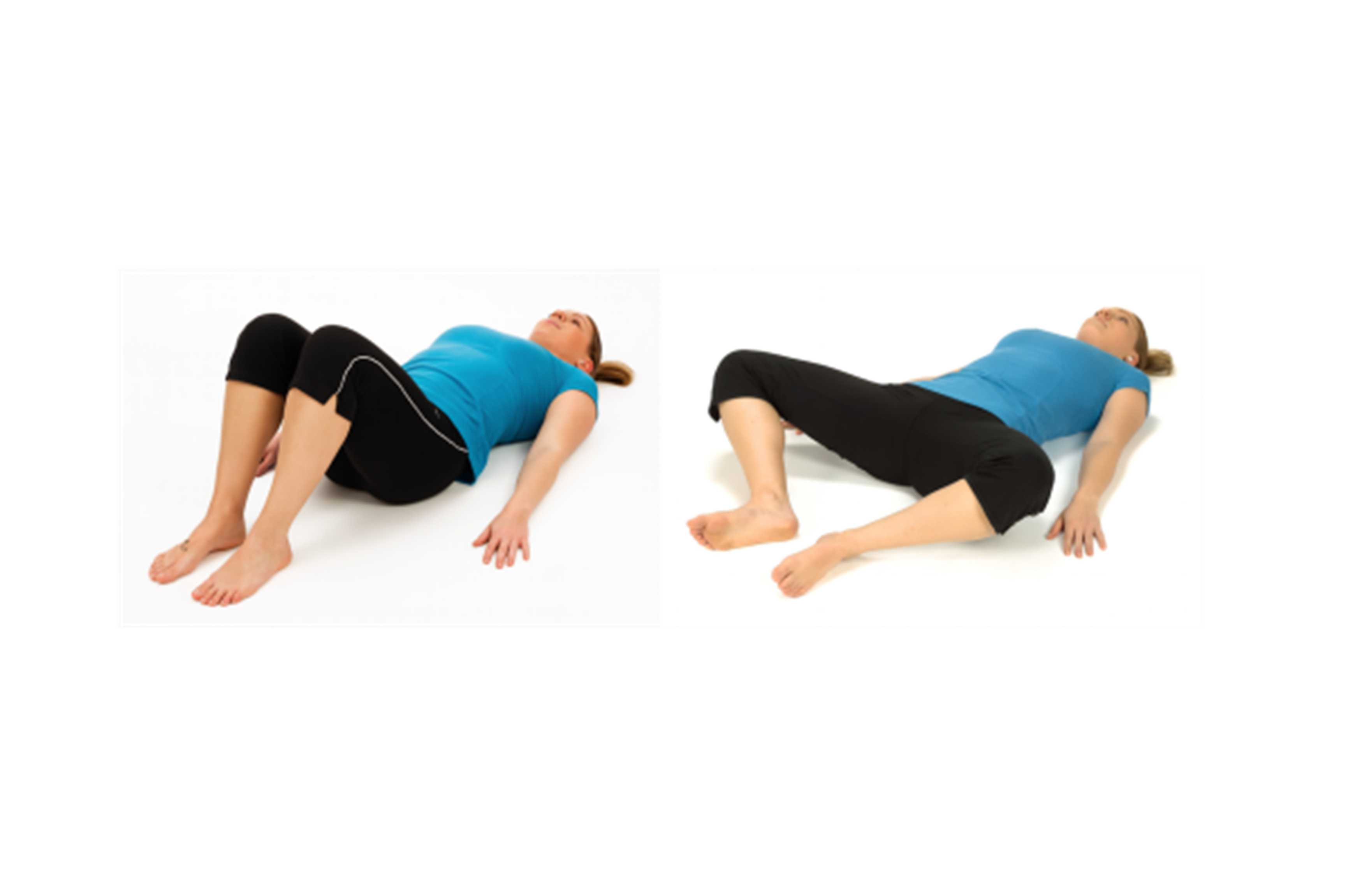 Two side-by-side images of a woman in a blue shirt and black short demonstrating Hip external rotation mobility.