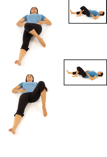 Two side-by-side images of a woman in a blue shirt and black short resting his head on a black pillow demonstrating Hip internal rotation.