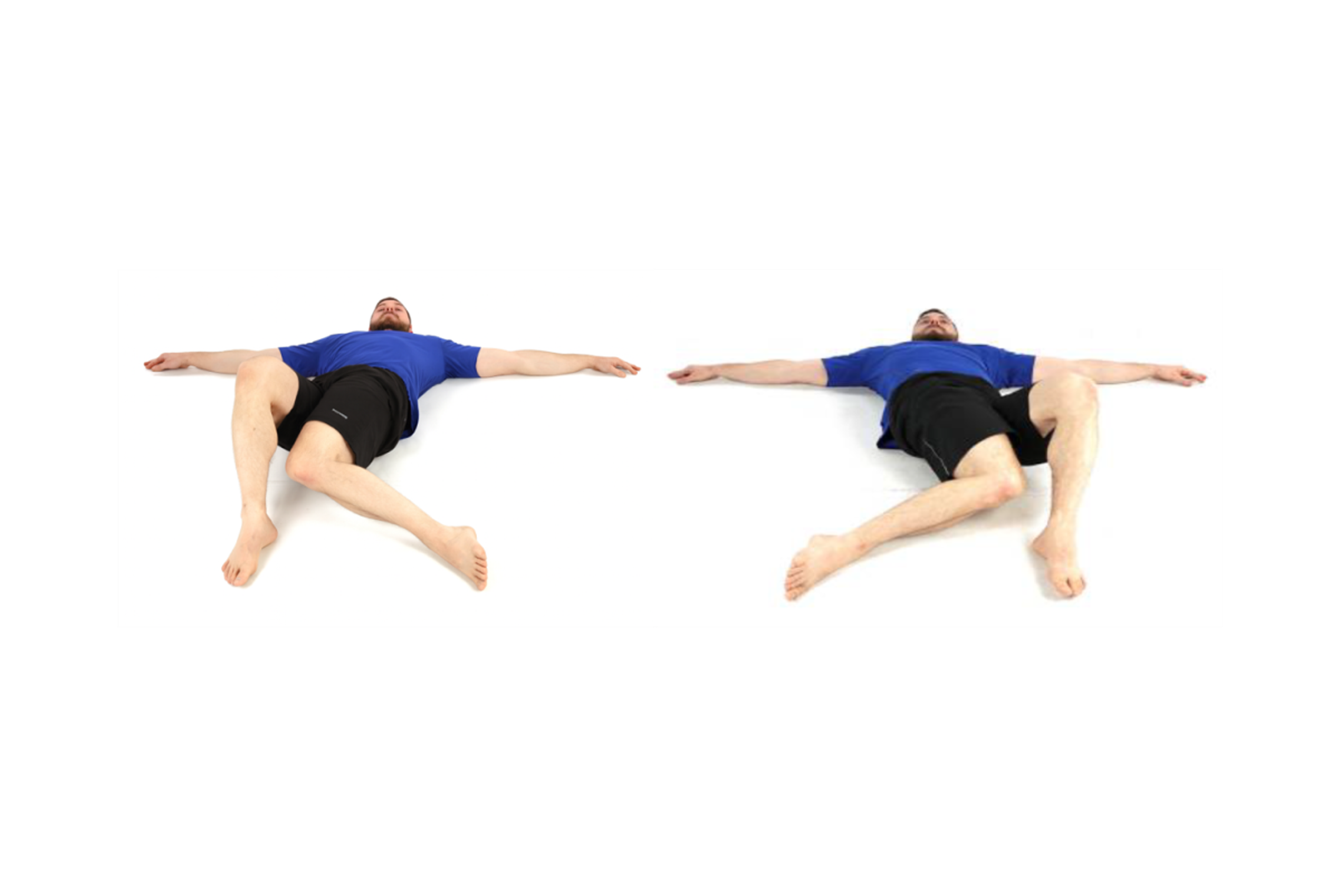 Two side-by-side images of a man in a blue shirt and black short demonstrating hip rotation.
