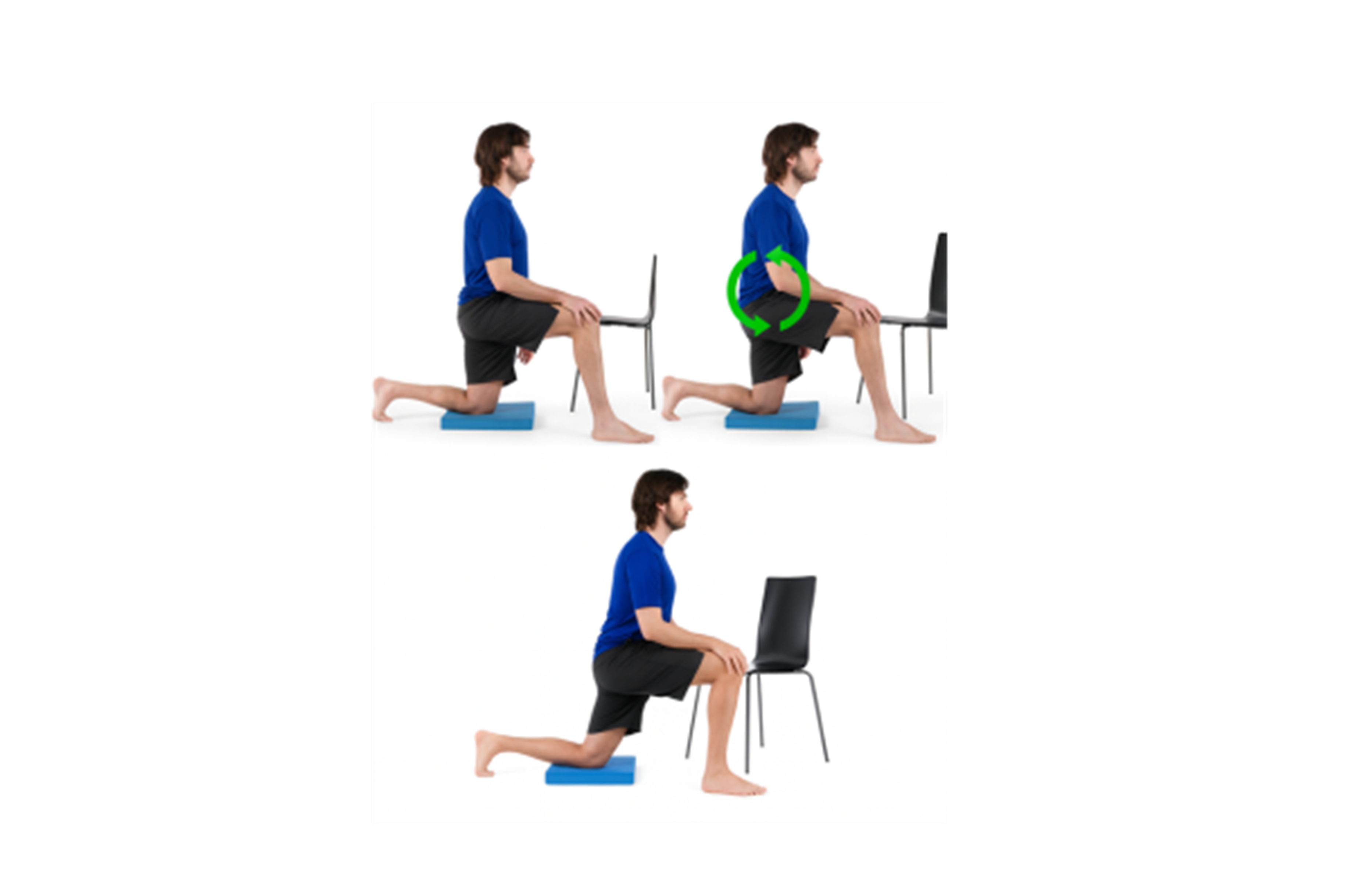 Three images of a man in a blue shirt and black short demonstrating Kneeling hip extension.