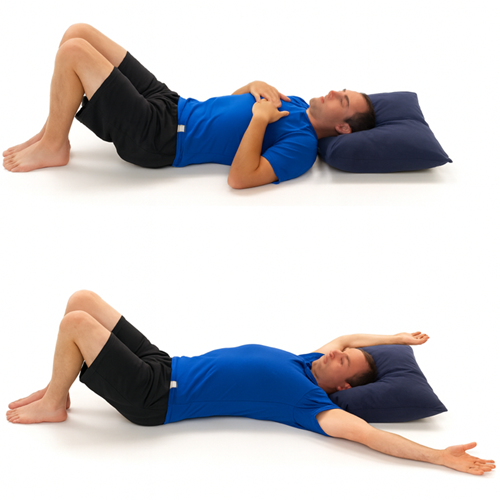 Two side-by-side images of a man in a blue shirt and black short resting his head on a black pillow demonstrating lower pectoral stretch.. 