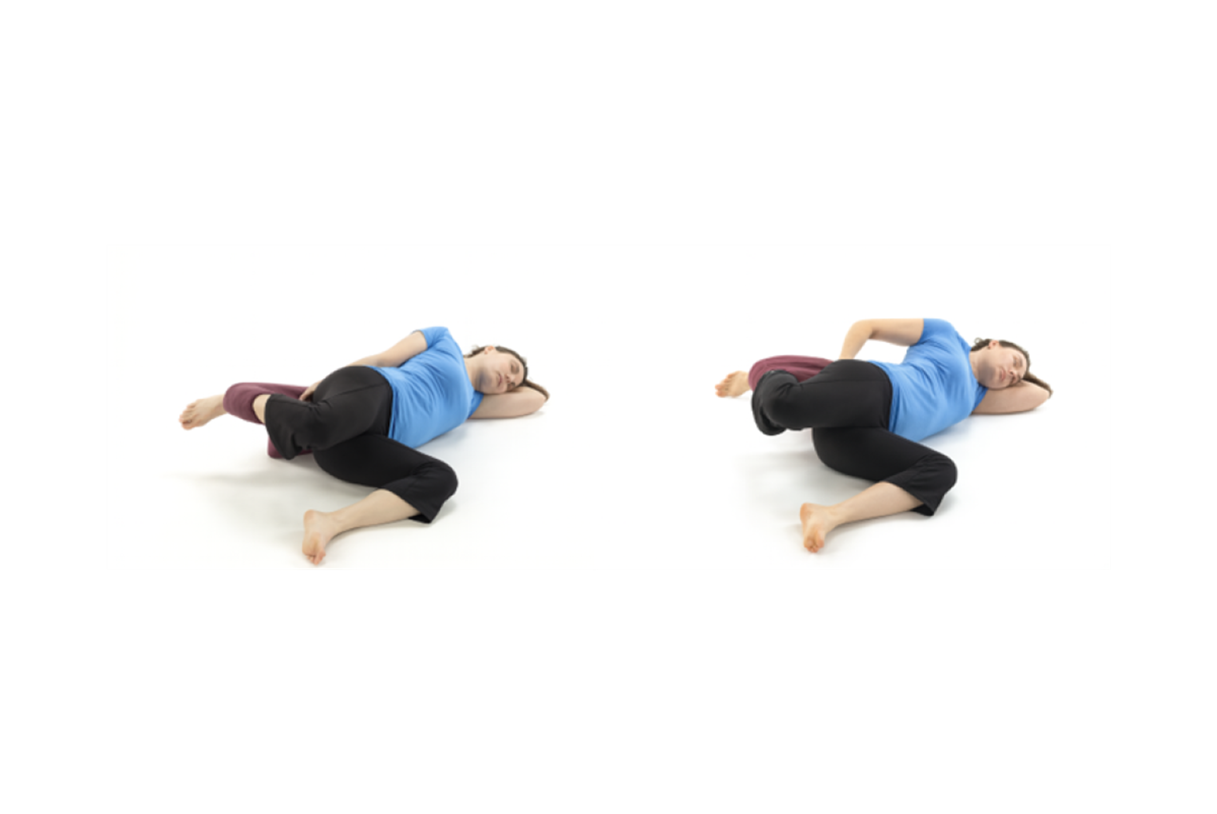 Two images of a woman in a blue shirt and black short demonstrating rectus femoris stretch with a towel.