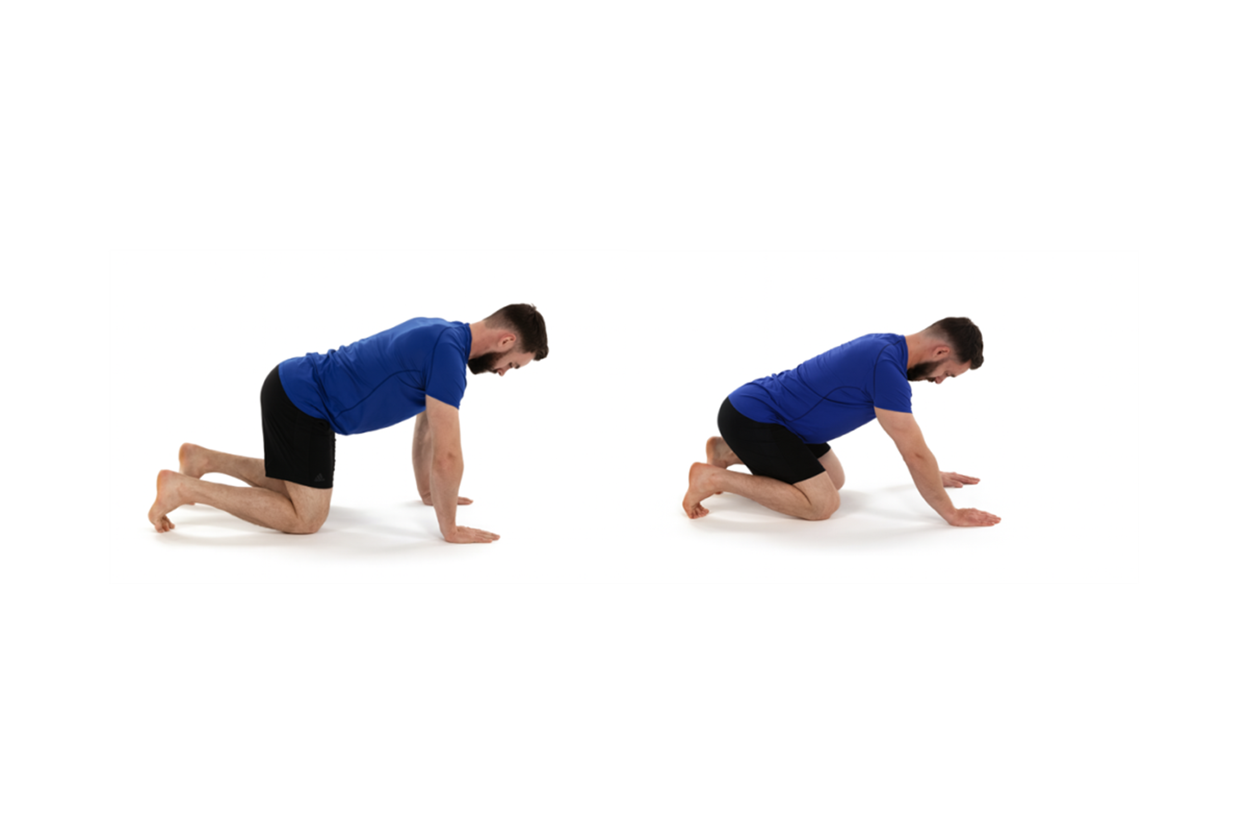 Two images of a man in a blue shirt and black short demonstrating rocking backwards – hip flexion.