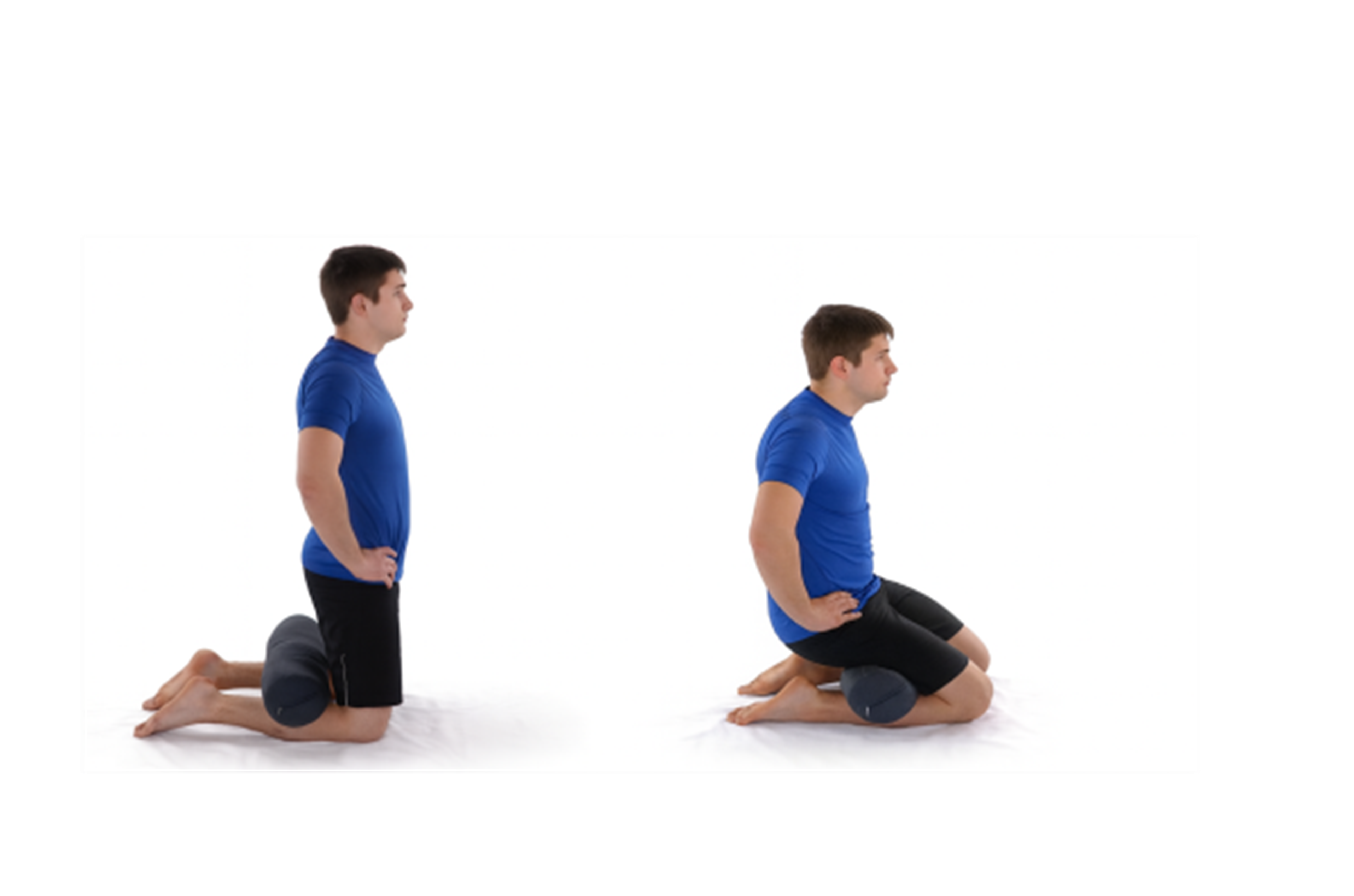 Two images of a man in a blue shirt and black short demonstrating shin stretch.