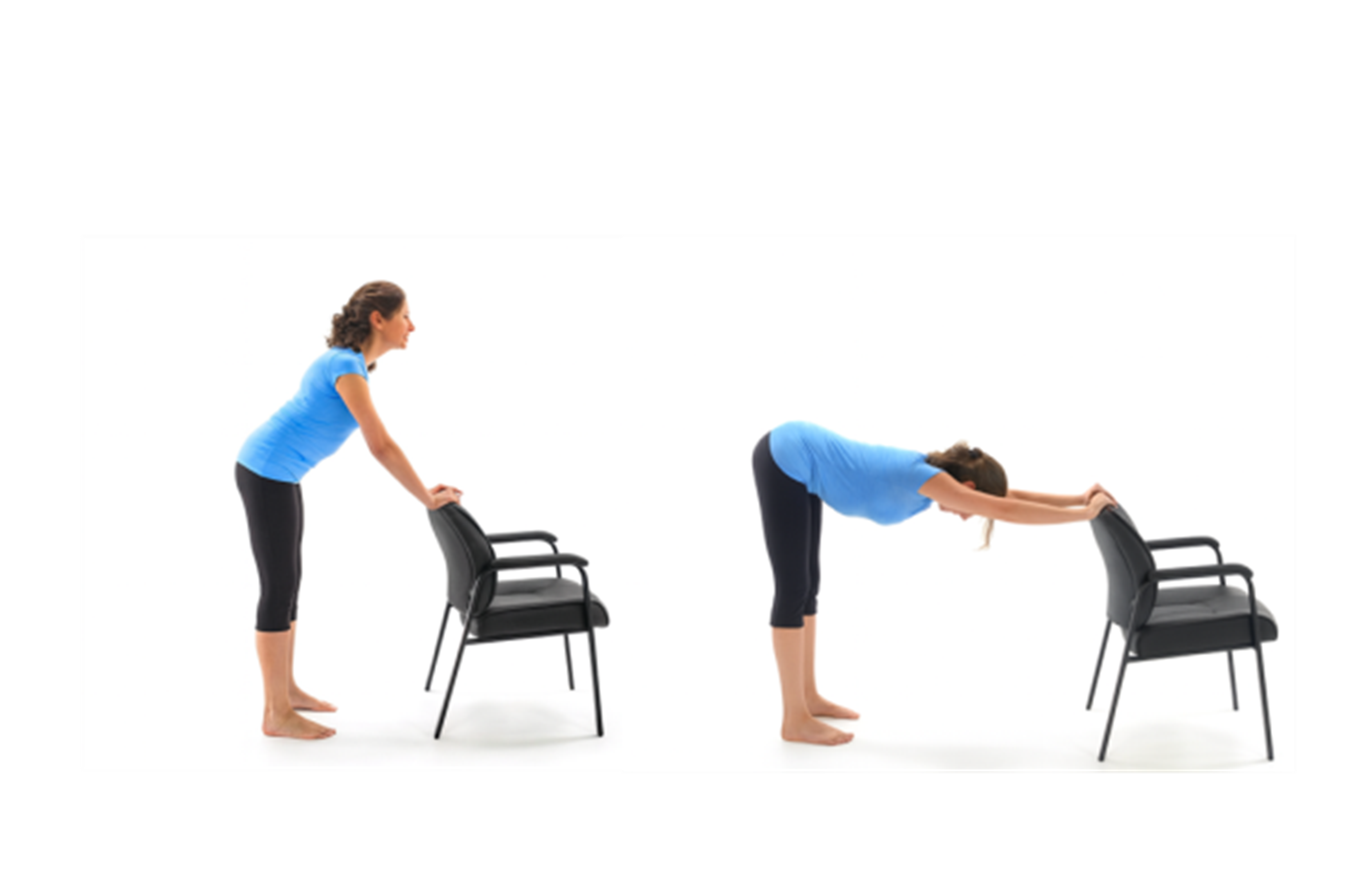 Two images of a woman in a blue shirt and black short demonstrating shoulder stretch.