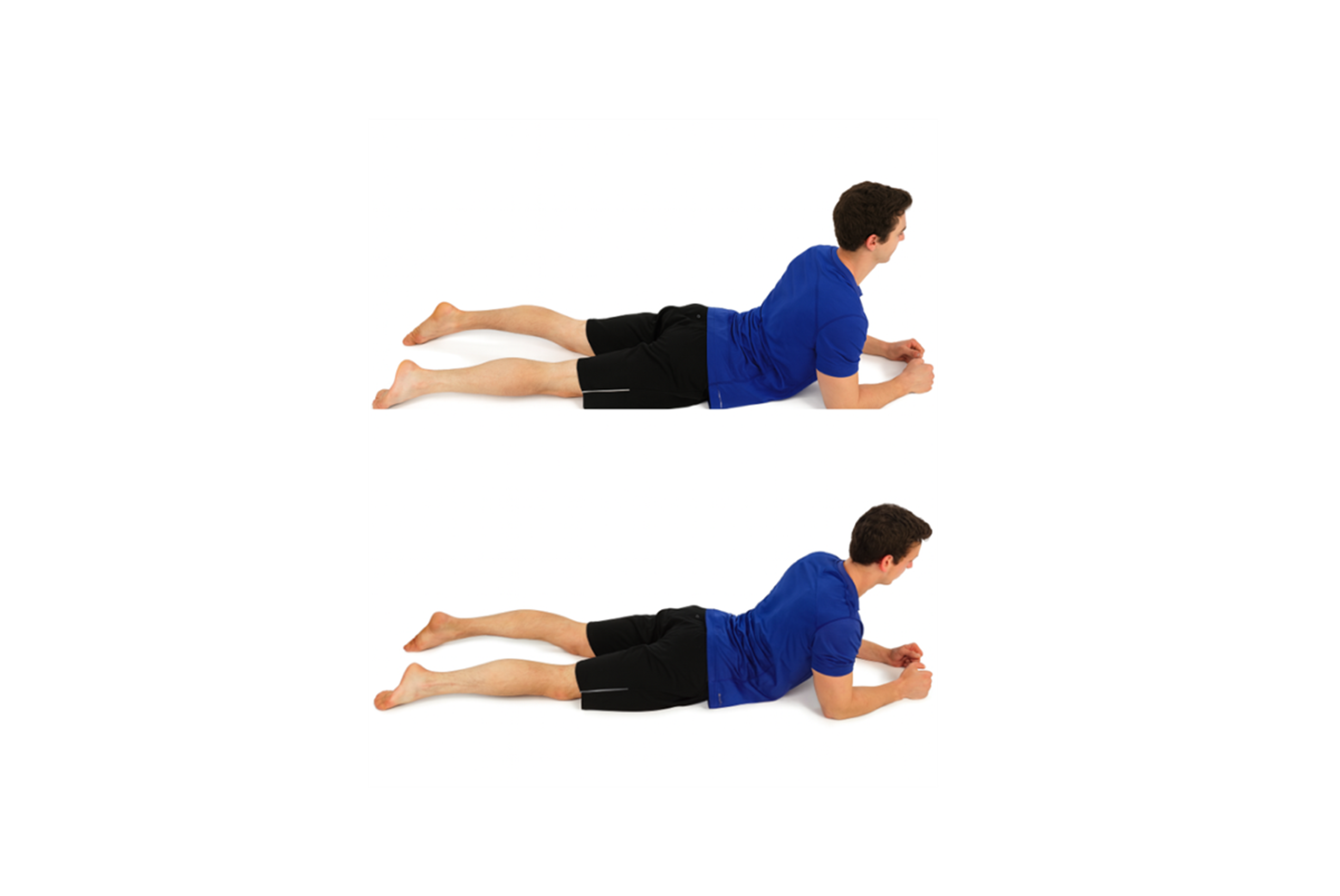 Two images of a man in a blue shirt and black short demonstrating thoracic spine stretch.