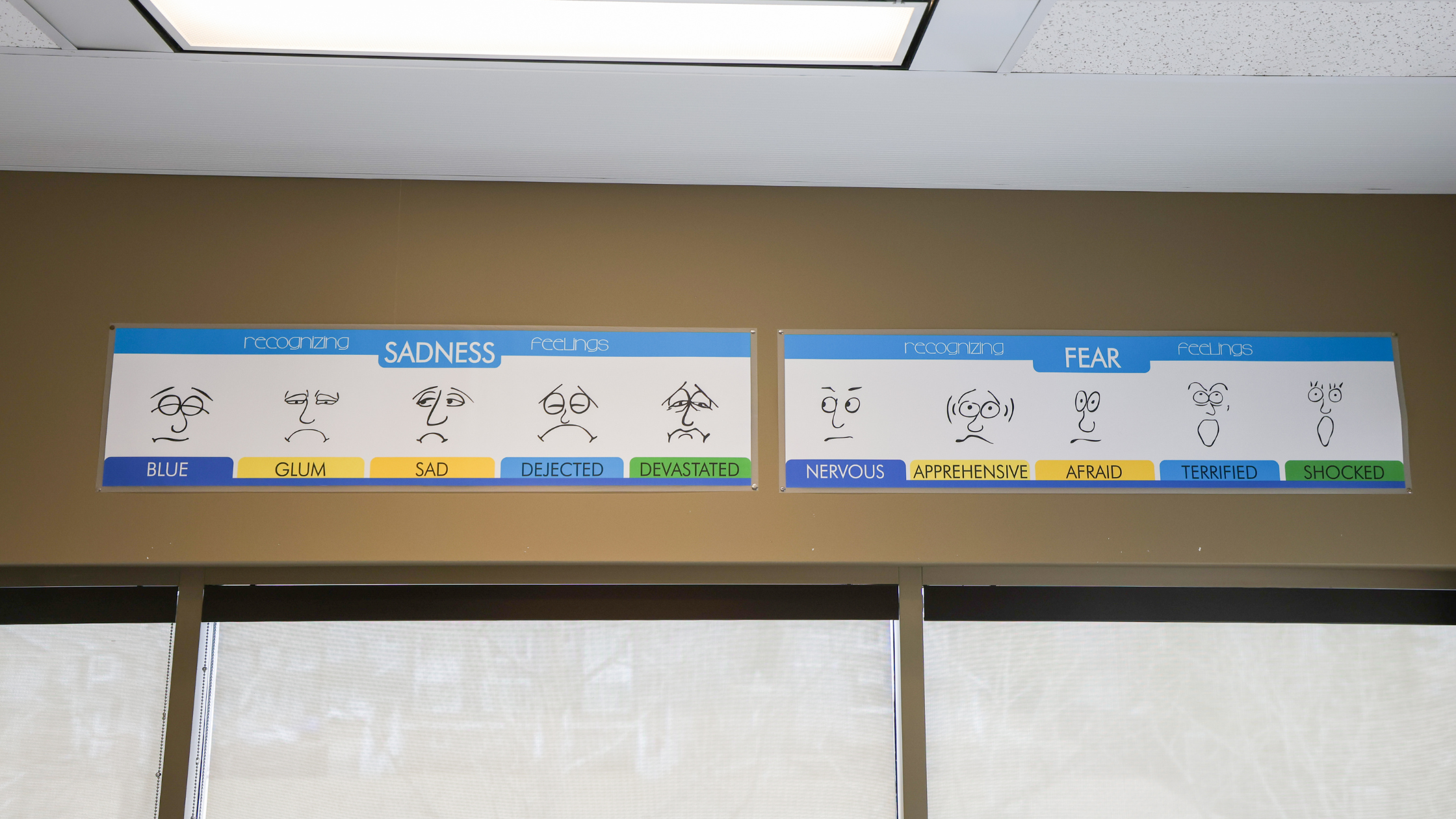 Charts on the wall at the Psychiatric Outpatient Program depict different emotions to help participants identify what they are feeling.