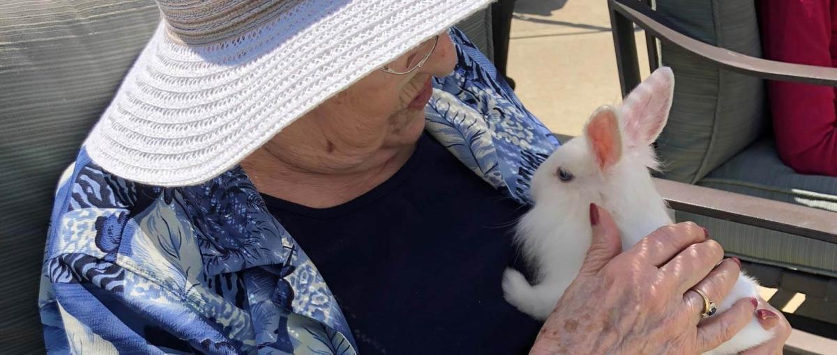 A senior woman holding a white bunny