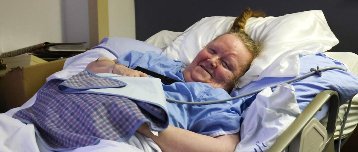 Dianna Sangster on a hospital bed at the Edmonton General Continuing Care Centre