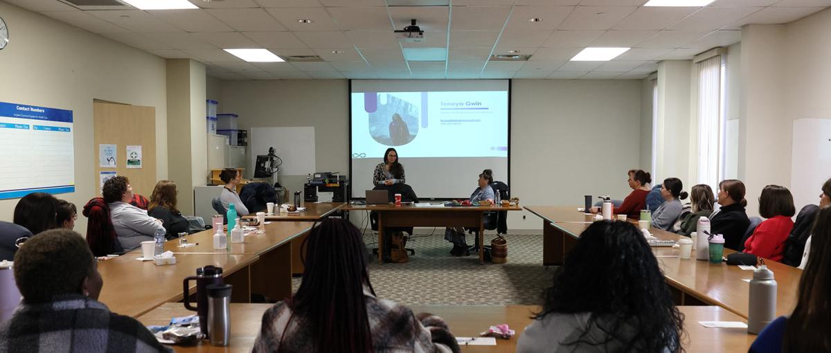 Indigenous educators Dr. Carola Cunningham and Teneya Gwin lead an Indigenous historical knowledge training session for Misericordia nurses.