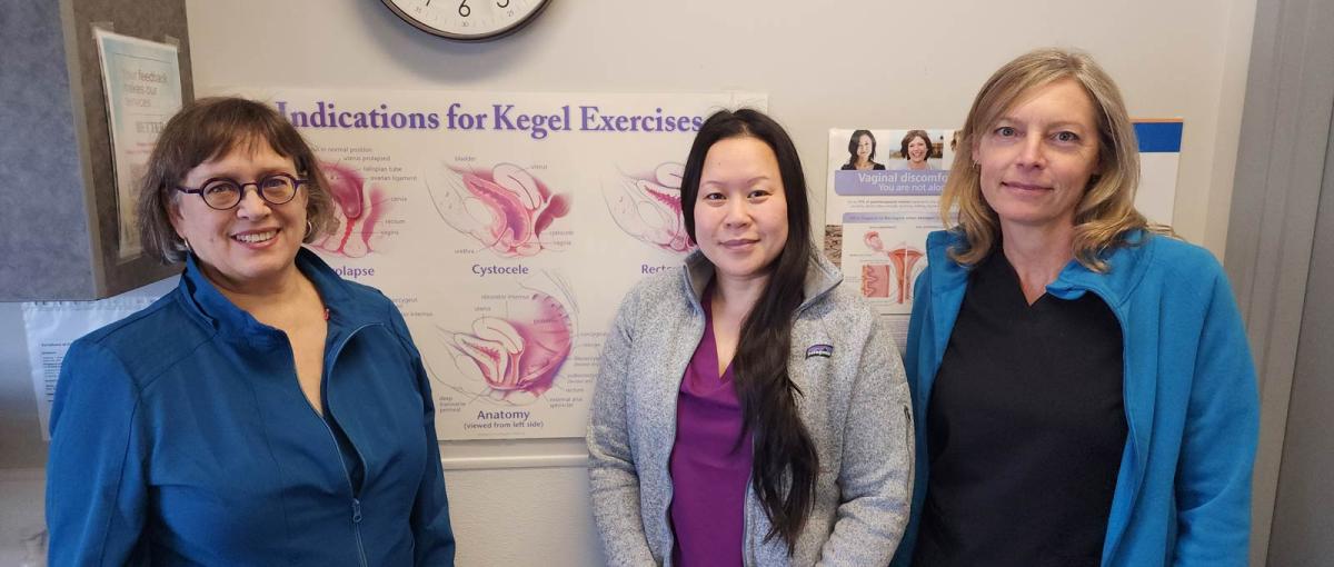 Three nurses who have been trained to prescribe treatment for patients pose at the Northern Alberta Continence Services Clinic located at the Misericordia Community Hospital.
