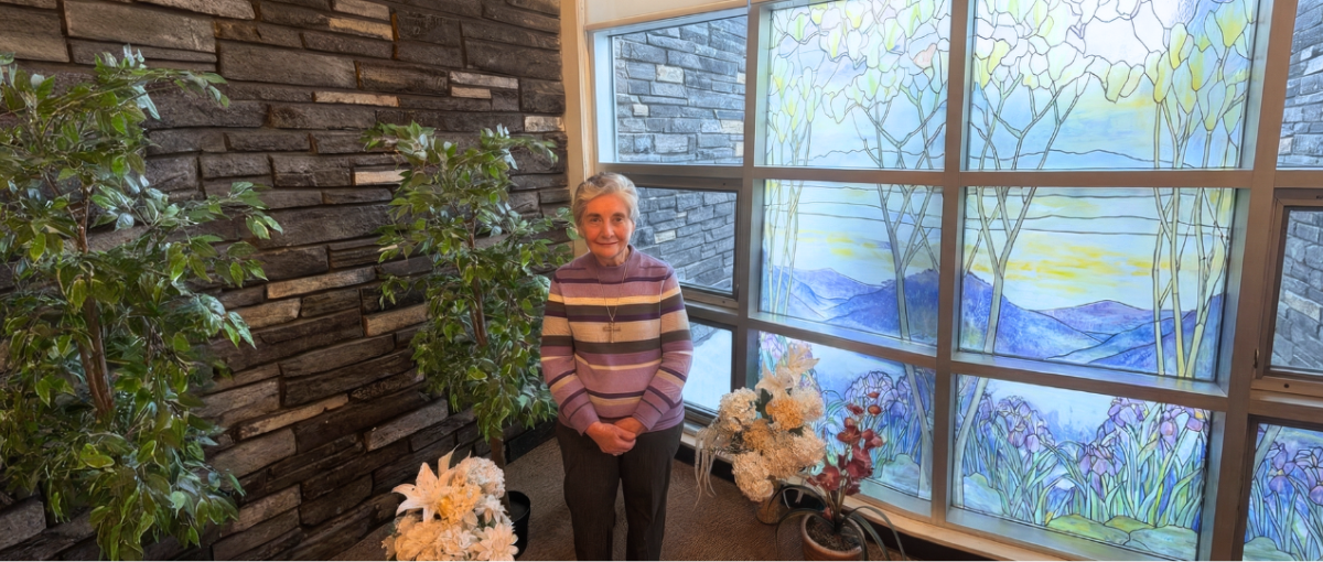 Roberta Saltvold poses at Villa Marie in Red Deer where she volunteers.