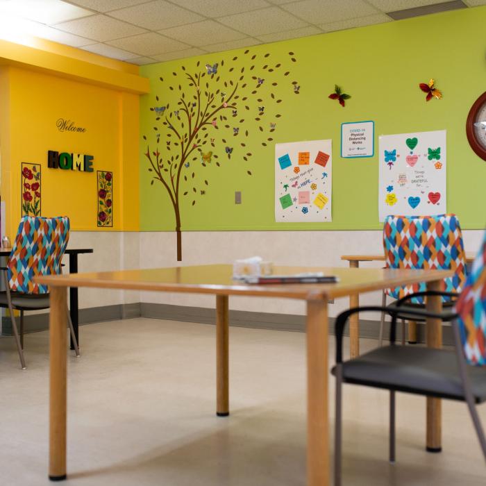 Dining room with tables, chairs and brightly painted walls