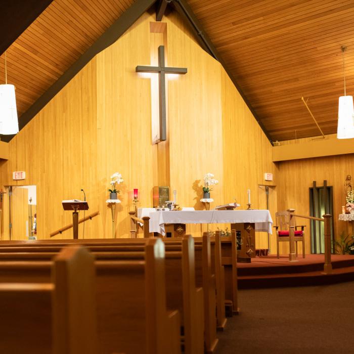 Chapel with pews and skylights