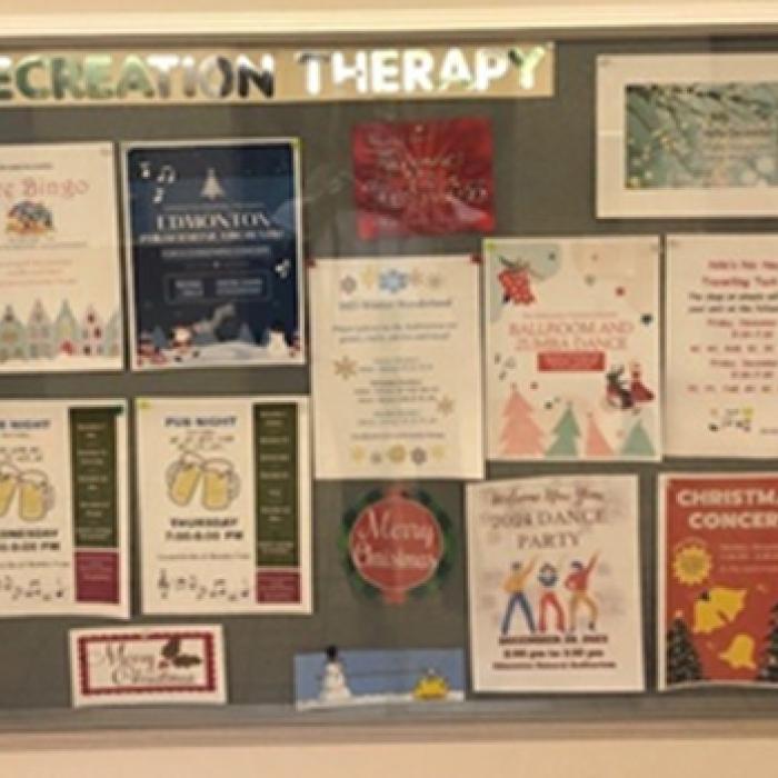 A recreation therapy activity board displays activities happening at the Edmonton General Continuing Care Centre