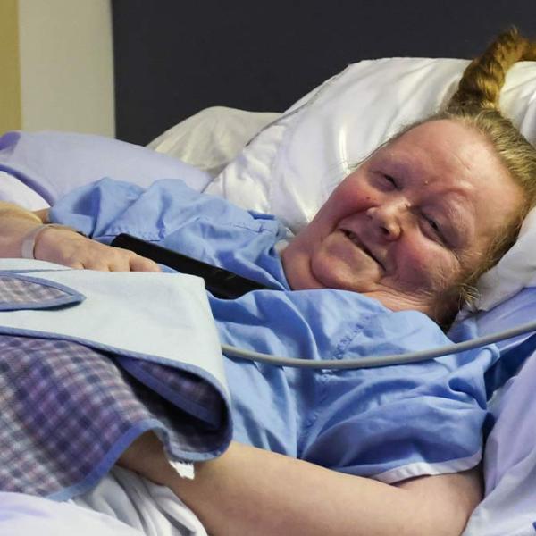 Dianna Sangster on a hospital bed at the Edmonton General Continuing Care Centre